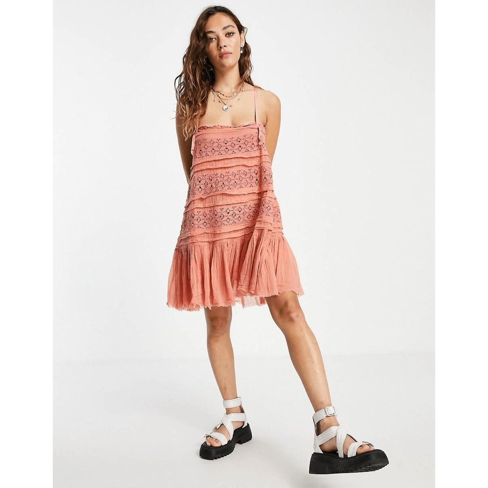 Free People FP One Shailee Slip Mini Dress Coral Orange Pink Boho Festival M